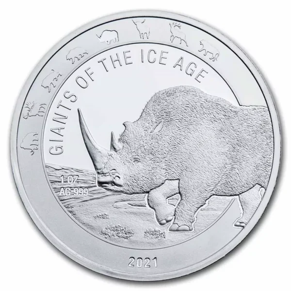 1oz Strieborná Minca Obri Doby Ľadovej - Nosorožec Srstnatý Ghana 2021